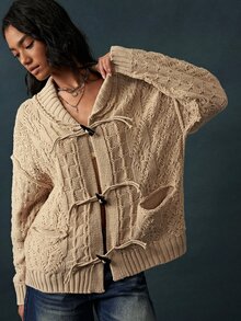 Bohemela Women's Horn Button Drop Shoulder Long Sleeve Knit Cardigan - Khaki - View 5
