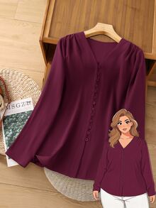 Rusticease Plus Size Solid Burgundy V-Neck Long Sleeve Button Front Casual Shirt Fall Winter 2026 - Burgundy - View 1