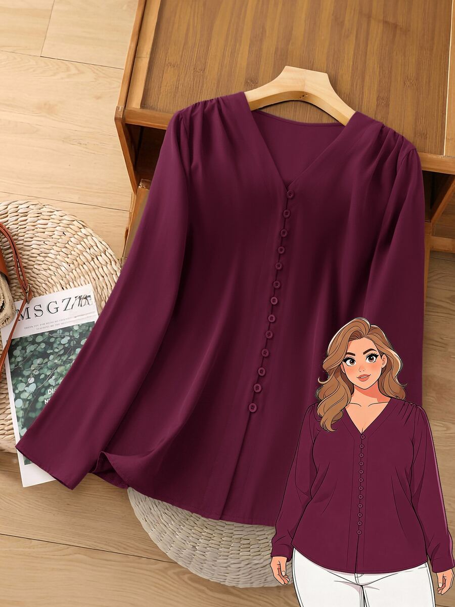 Rusticease Plus Size Solid Burgundy V-Neck Long Sleeve Button Front Casual Shirt Fall Winter 2026 - Burgundy - View 1