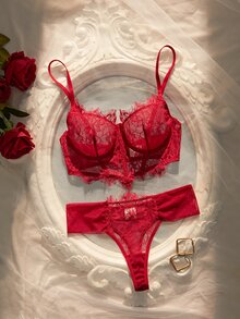 Crystal Vow Romantic Lace & Mesh Underwire Lingerie Set, 2 Pieces - Burgundy - View 4