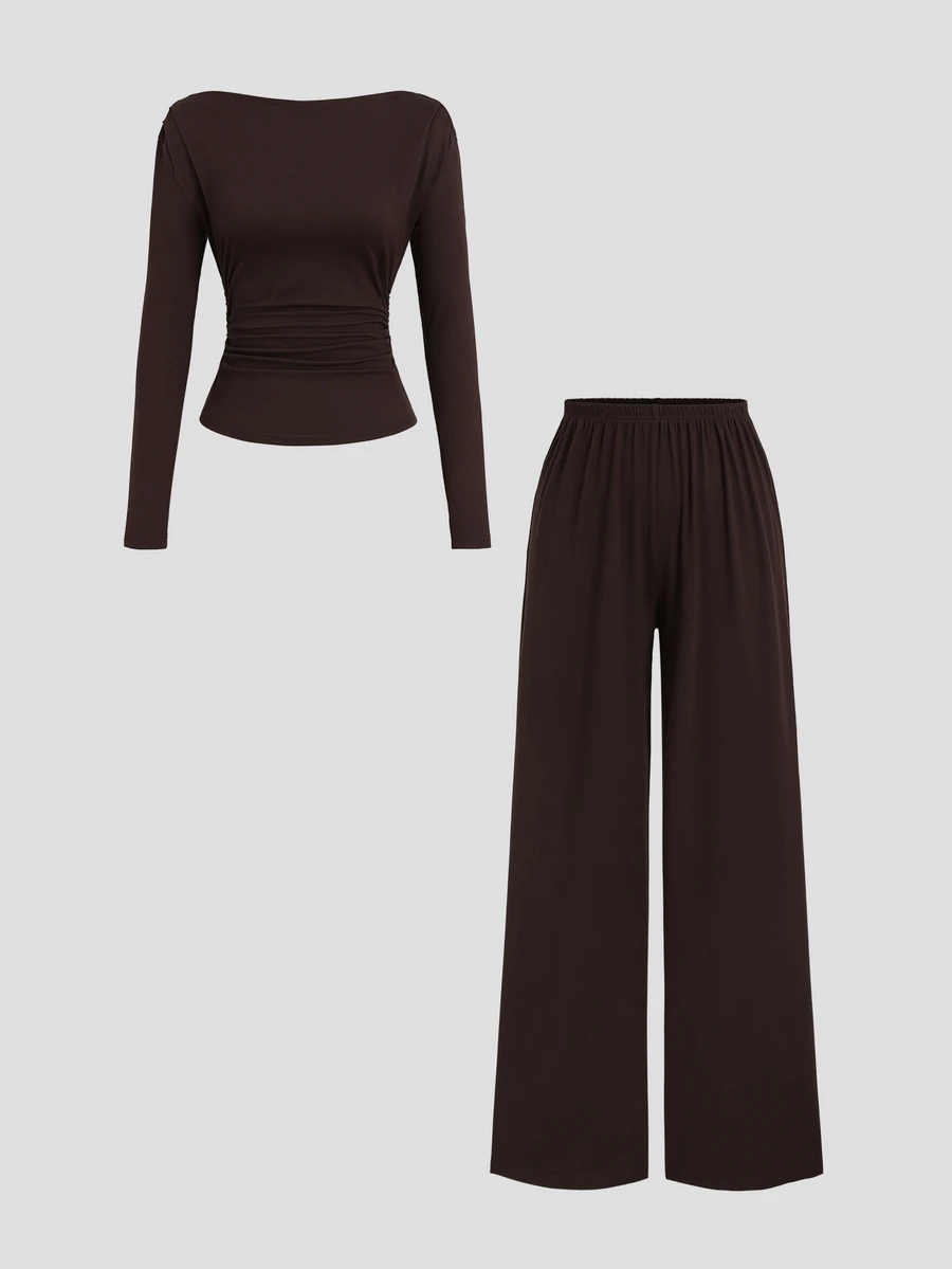 Sweetra Autumn/Winter New 2 Pieces Set Long Sleeve Top And Wide Leg Pants Casual Daily, Suitable For Work - Coffee Brown - View 1