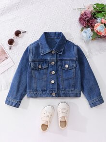 Elladie kids 女童牛仔夾克外套，新品上市，休閒甜美俏皮可愛風，中洗藍色牛仔夾克，背面精緻毛絨3D花卉刺繡，舒適棉質牛仔面料，時尚百搭，適合春秋日常穿著與外出 - 中等水洗藍 - 查看 2