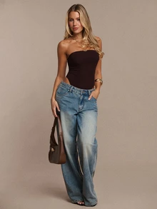 SHEIN BAE بودي سوت بدون حمالات مبطن بلون بني سادة للخريف/الشتاء، بودي سوت أنيق بتصميم بسيط عصري - بني - مشاهدة 3