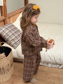 Dazy Kids Infant (Girl) Plaid Collar Long Sleeve Shirt And Long Pants 2 Pieces Set Loungewear Fall - Coffee Brown - View 8