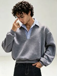 TONEVAULT Men's Striped Patchwork Button Half-Placket Long Sleeve Sweatshirt - Grey - View 4