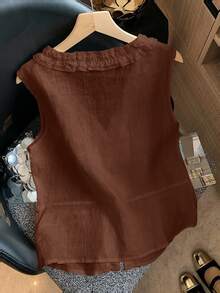 SHEIN Franclia 女款深棕色夏季背心，寬鬆直筒版型，V領荷葉邊門襟，無袖，復古優雅休閒風，適合花園派對與早午餐 - 巧克力棕 - 查看 3