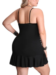 AltBold 1pc Plus Size Lace Trim Spliced Milk Silk Nightgown - Black - View 2