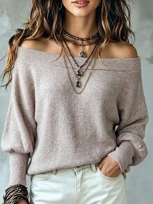 SHEIN LUNE Women's Solid Color Off-Shoulder Casual Everyday Long Sleeve T-Shirt - Apricot - View 1