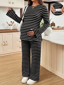 SHEIN Maternity Striped Side Slit Top And Pants 2 Pieces Set - Black - View 3