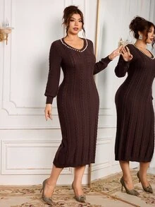 Modelyn Plus Size Women's Faux Pearl Decor Casual Daily Knit Dress - Khaki - View 3