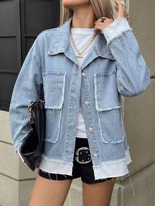 Livesso Women's Light Wash Blue Denim Jacket, Loose Fit, Short Length, Long Sleeve, Turn-Down Collar, Button Front, Pocket Decor, Autumn - Light Wash - View 4