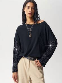 Bohemela Women's Fashion Sequin Patchwork Long Sleeve Pocket Streetwear Sweatshirt - Black - View 5