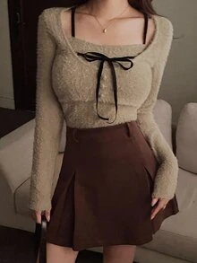 DAZY Beige Square Neck Black Tie Bow Button Fitted Long Sleeve Fuzzy Sweet Knitted Top Fall - Khaki - View 8
