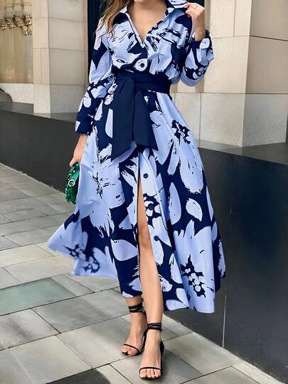 SHEIN Clasi Elegant French Casual Loose Tie-Up Large Floral Print Design Women's Dress Brunch Tea Party Light Blue Floral Autumn