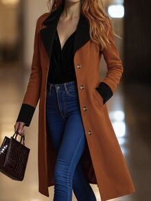 SHEIN Women's Autumn And Winter Trench Coat, Women's Casual Trench Coat, Women's Casual Contrasting Trench Coat, Elegant Party Jacket. - Multicolor - View 4