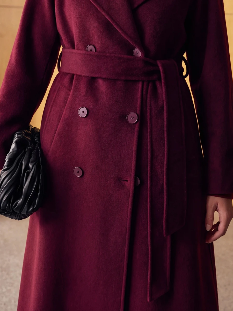 MOTF PREMIUM PLUS SIZE WOMEN'S WOOL DOUBLE-FACED BELTED LONG OVERCOAT, AUTUMN/WINTER - Burgundy - View 2