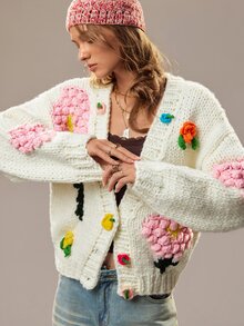 SoleilVie Women's Sweet Delicate 3D Embroidered Knit Cardigan - Beige - View 4