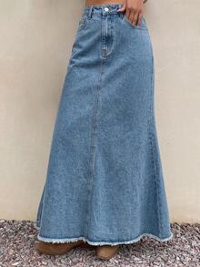 DAZY Spring/Summer Women's Casual Solid Color Raw Hem Mermaid Denim Skirt - Medium Wash - View 2