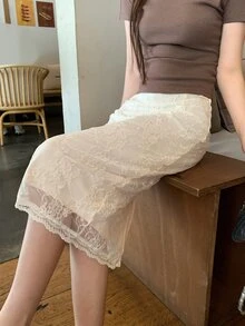 DAZY Beige Lace Patchwork Sheer Tulle High Waist A-Line Elegant Sweet French Style Mid-Length Skirt - Apricot - View 7