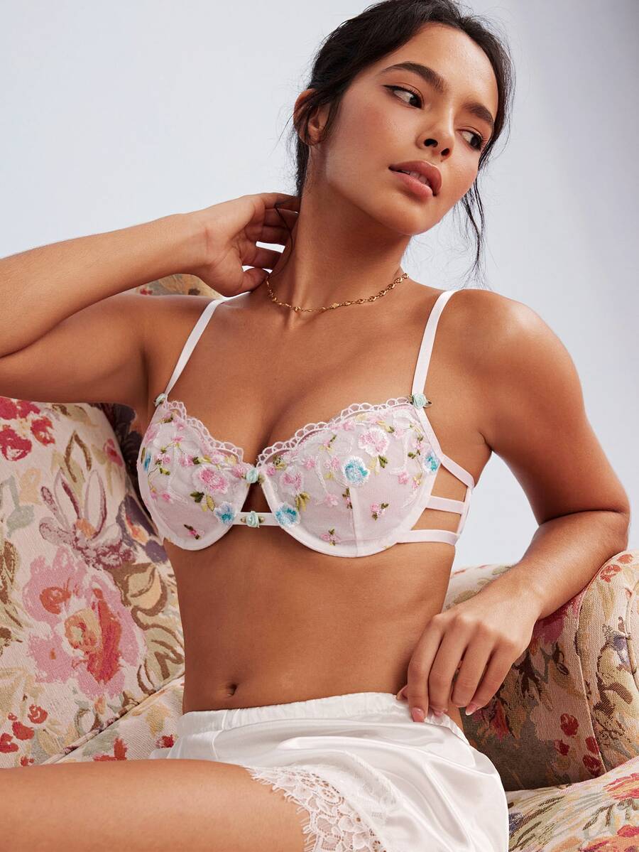 Elorette Women's Floral Embroidered Pattern Casual Daily Spaghetti Strap Bra - White - View 1