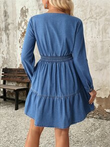 EMERY ROSE Women's V-Neck Pleated Casual Everyday Summer Denim Dress - Blue - View 2
