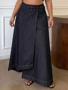 Dazy Plus Cotton High Waist Dark Wash Blue Solid Color Tie Waist A-Line Full Skirt Patchwork Denim Skirt - Dark Wash - View 1