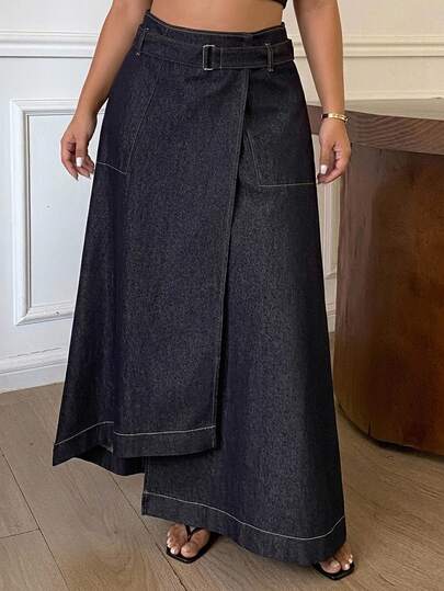 Dazy Plus Cotton High Waist Dark Wash Blue Solid Color Tie Waist A-Line Full Skirt Patchwork Denim Skirt