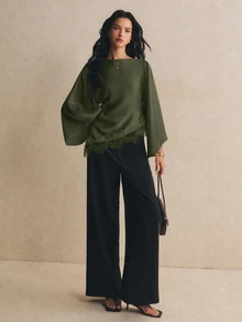 Poéselle 女款蕾絲拼接休閒百搭日常穿著襯衫 - 軍綠色 - 查看 5