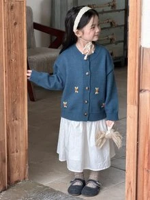 Hapijoa 少女秋季拼接撞色荷葉邊修身長袖圓領抽繩綁帶休閒開襟衫 - 藍色 - 查看 8