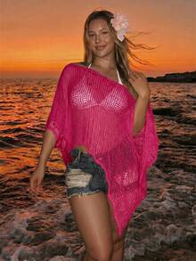 SHEIN ICON 女款大尺碼春夏鏤空網紗杏色上衣 - 玫紅色 - 查看 7