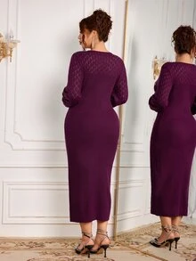 Modelyn Plus Size Fashion Vintage Rhinestone Long Sleeve Sweater Dress - Red Violet - View 2