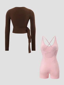 Sirith Women's Colorblock Long Sleeve Top And Shorts Casual Daily Sports Set - Multicolor - View 5