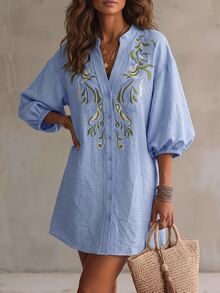 OPHERINE Autumn New Women's Embroidered Dress, Elegant Vacation Dress - Blue - View 3