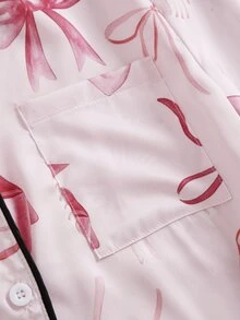 SHEIN 青少年女孩時尚蝴蝶結圖案緞面材質休閒長袖居家服2件套，粉色夏季可愛親子風家居服 - 粉色 - 查看 6