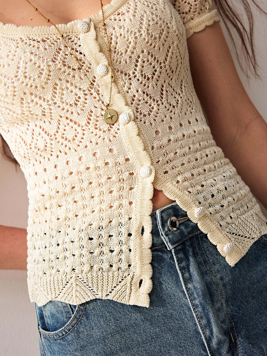 Willow Rêve Women's Cream Fitted Short Sleeve Cardigan, Hollow Knit, Button Front With Geometric Pattern Design, Romantic Bohemian Pastoral Style, Suitable For Spring Date Outfits - Cream - View 1