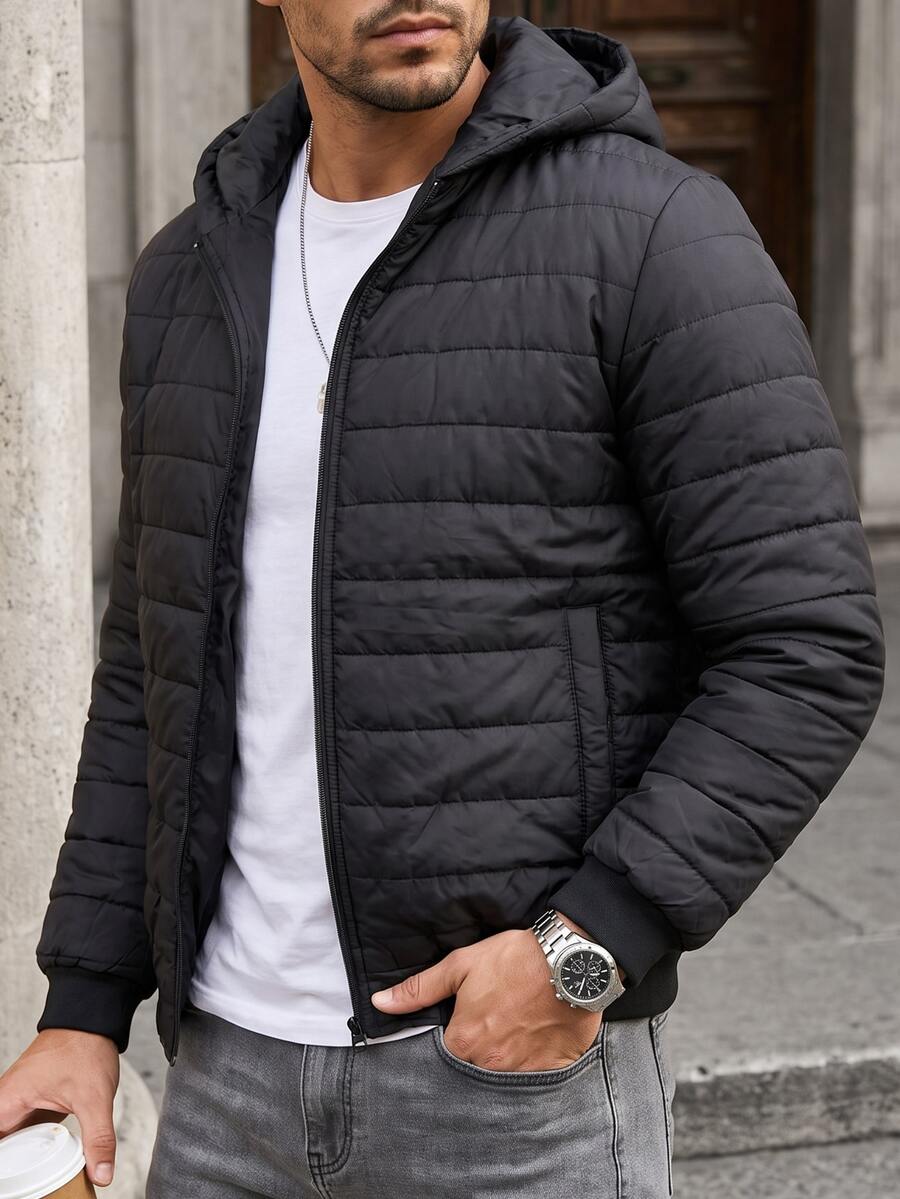 Manfinity CasualCool Men's Solid Color Zip-Up Hooded Winter Jacket For Holidays, Halloween And Christmas - Black - View 1