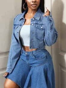 Slaydiva Women's Long Sleeve Single-Breasted Casual Cropped Denim Jacket - Light Wash - View 3