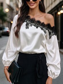 SHEIN LUNE CURVE Plus Size One-Shoulder Blouse For Women, Asymmetric Cold Shoulder Lantern Long Sleeve Top, Elegant Style For Commute And Party - Black and White - View 1