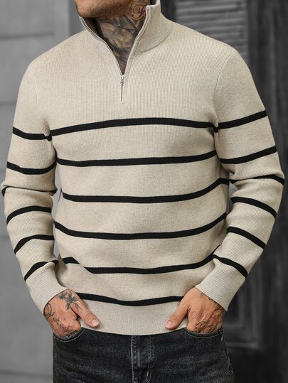 Manfinity CasualCool Men's Striped Half-Zip Polo Collar Knit Sweater Loose Casual Long Sleeve Pullover