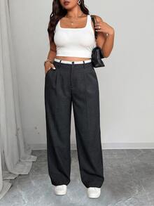 SHEIN Tall Celana Panjang Wanita Ukuran Besar dengan Pinggang Kontras dan Potongan Lurus - Dark Grey - View 4