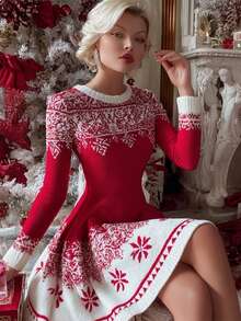 SHEIN Christmas Snowflake Pattern Knit Mini Dress Crew Neck Long Sleeve Bodycon Sweater Dress - Red and White - View 8