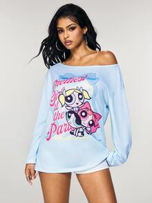 THE POWERPUFF GIRLS X SHEIN Women's Letter Print Drop Shoulder Long Sleeve Casual T-Shirt - Baby Blue - View 6