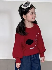 Dazy Kids 女童對比色圓領落肩長袖休閒針織衫 - 紅色 - 查看 7