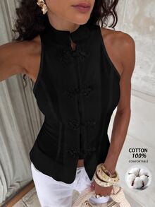 Opulessa Women's Solid Color Woven Cold Shoulder Fitted Tank Top For Vacation - Black - View 3