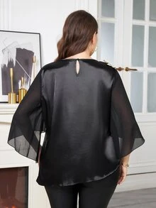 SHEIN Clasi Plus Size French Style 3D Floral Decor Pleated Satin Blouse - Black - View 2