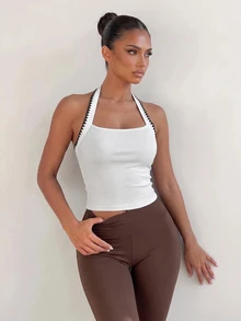 Sirith Women's Floral Trim Casual Ribbed Halter Top - White - View 3