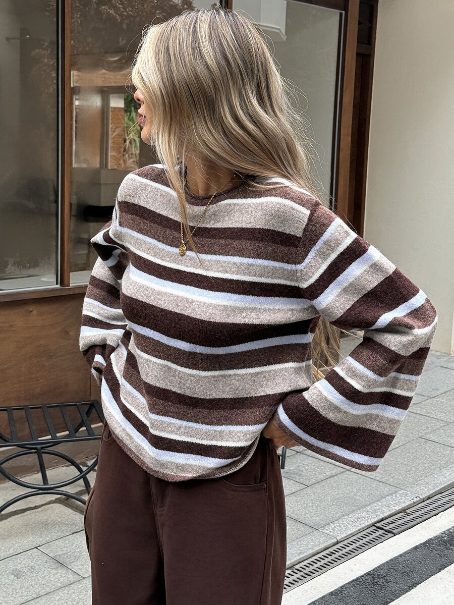 SHEIN Frenchy Autumn/Winter Casual Color-Block Striped Sweater - Apricot - View 1