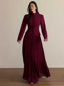 COSMINA Women's Elegant Party Solid Color Blouse Pleated Skirt Blazer Suit Set - Burgundy - View 4