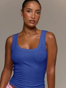 MUSERA ESSENTIALS Soft Rib Scoop Neck Fitted Longline Tank Vest Top Spring Summer - Royal Blue - View 2