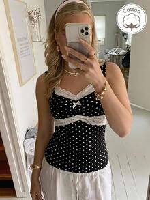 CovetEZ Women's Contrast Lace Bowknot Decor Polka Dot Print Tank Top - Black and White - View 2